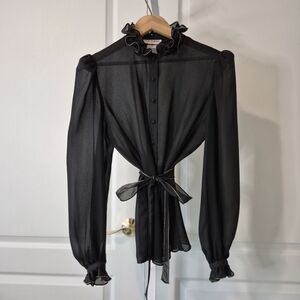 Vintage St John Black Sheer Silk Blouse Ruffle Collar Gold Trim